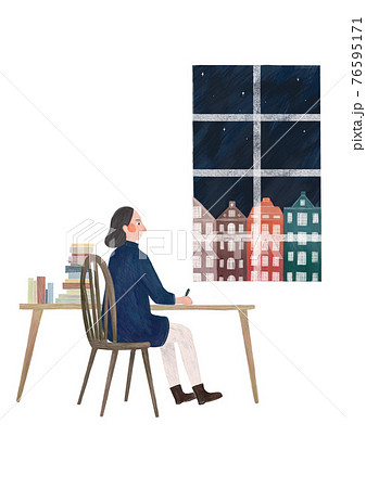 窓辺に座り外を見る若い女性 手描きイラストのイラスト素材