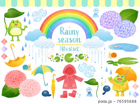 かわいい梅雨の水彩風ベクターイラストセットのイラスト素材