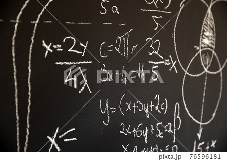 Mathematical formulas on dark black chalk board Mathematical formulas on dark black chalk board 76596181