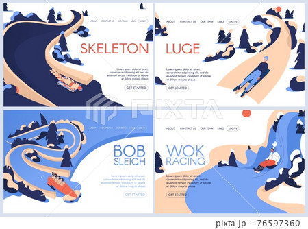 Vector landing pages set for luge, skeleton sport, bobsleigh and wok racing. Winter activities and women training 76597360