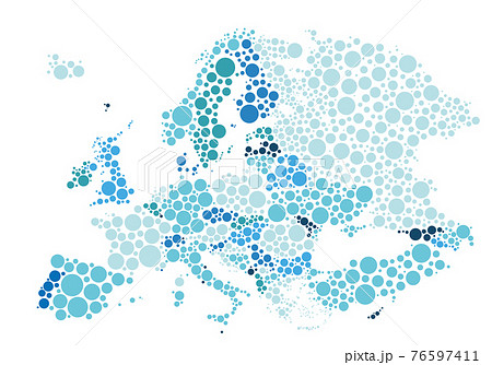 Vector illustration of political map of Europe designed with different sizes and tones of blue dots.