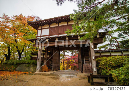 日本100名城　雨と紅葉の久保田城　表門 76597425