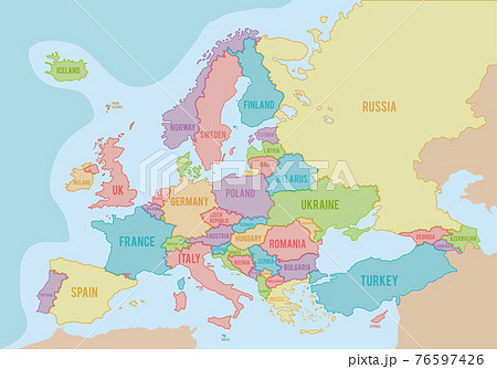 Political map of Europe with colors and borders for each country and names in English. Vector illustration. 76597426