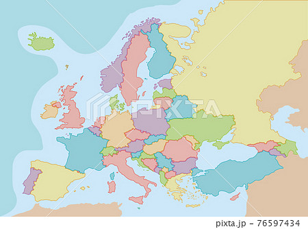 Political map of Europe with colors and borders for each country. Vector illustration. 76597434