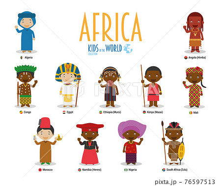 Kids and nationalities of the world vector: Africa. Set of 11 characters dressed in different national costumes. Kids and nationalities of the world vector: Africa. Set of 11 characters dressed in different national costumes. 76597513
