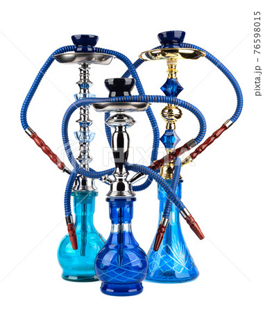 Three hookahs of different sizes isolated on white background. Three hookahs of different sizes isolated on white background. 76598015