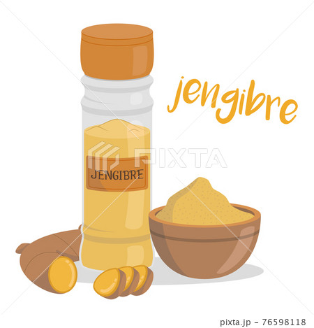 Vector ginger illustration isolated in cartoon style. Spanish name. Herbs and Species Series Vector ginger illustration isolated in cartoon style. Spanish name. Herbs and Species Series 76598118