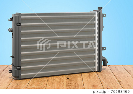 Car radiator on the wooden planks, 3D rendering 76598469