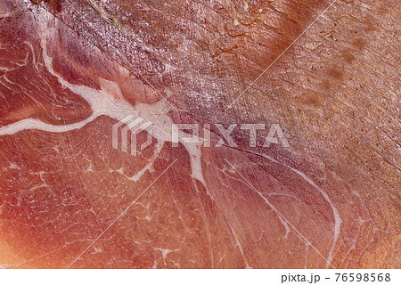 Jamon or dry-cured ham produced in Spain texture close up. Food background Jamon or dry-cured ham produced in Spain texture close up. Food background 76598568