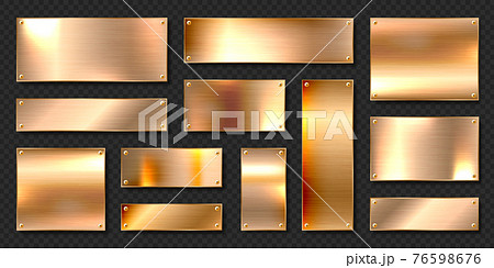 Realistic shiny metal banners set. Brushed steel plate with screws. Polished copper metal surface 76598676