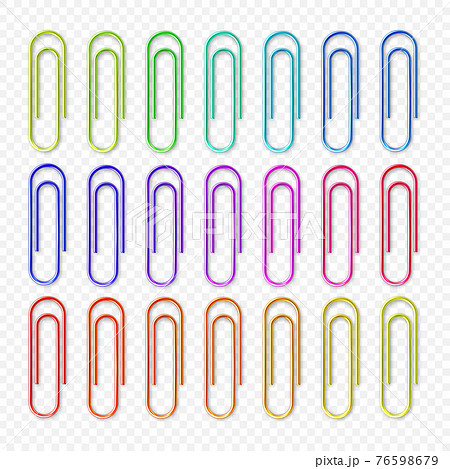 Realistic colorful metal paper clips on checkered background. Page holder, binder. Vector 76598679