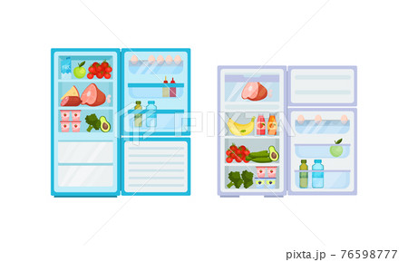 Open Refrigerator or Fridge as Home Appliance for Food Storage with Foodstuff Inside Vector Set Open Refrigerator or Fridge as Home Appliance for Food Storage with Foodstuff Inside Vector Set 76598777