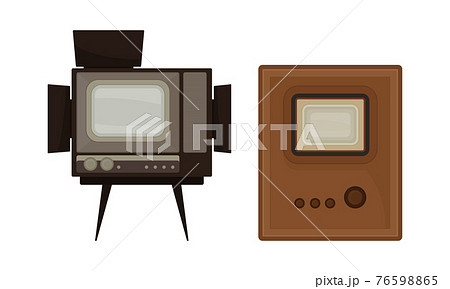 Retro Television Set or Television Receiver with Display for Viewing and Hearing Television Broadcasting Vector Set 76598865