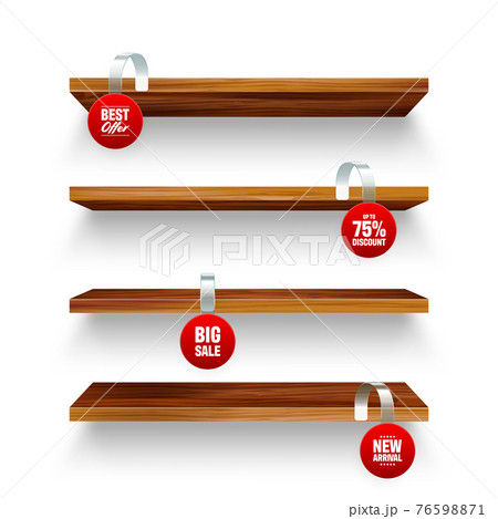 Wooden store shelves and supermarket promotional wobblers isolated on white background. Product 76598871