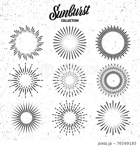 Vintage grunge sunburst collection. Bursting sun rays. Fireworks. Logotype or lettering design element. Radial sunset beams. Vector illustration. 76599185