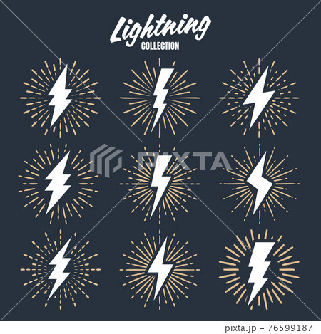 Set of vintage lightning bolts and sunrays. Lightnings with sunburst effect. Thunderbolt, electric shock sign. Vector illustration. 76599187