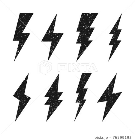 Lightning bolt icons with grunge texture isolated on white background. Vintage flash symbol, thunderbolt. Simple lightning strike sign. Vector illustration. Lightning bolt icons with grunge texture isolated on white background. Vintage flash symbol, thunderbolt. Simple lightning strike sign. Vector illustration. 76599192