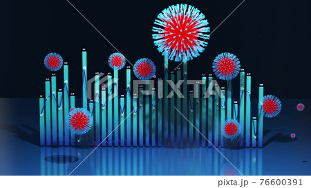 3d render. 3d abstract graph of columns or bars around which coronaviruses like covid-19 fly. 3d infographic background. Numbers over columns. Fluctuations during pandemic 3d render. 3d abstract graph of columns or bars around which coronaviruses like covid-19 fly. 3d infographic background. Numbers over columns. Fluctuations during pandemic 76600391