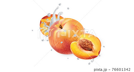 Peaches in splashes of milk or yogurt. 76601342