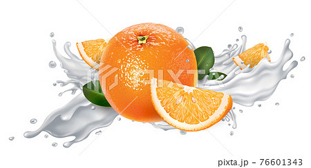 Whole and sliced oranges in a yogurt splash. 76601343