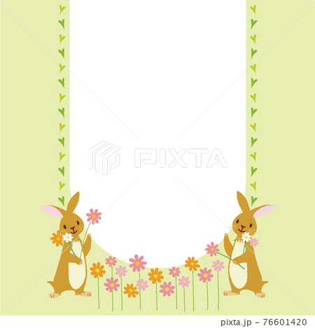 ふたごのウサギと花畑のメッセージフレーム 花の指し棒 掲示板 葉っぱ クレヨンタッチのイラスト素材