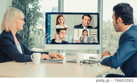 Video call group business people meeting on virtual workplace or remote office 76602082