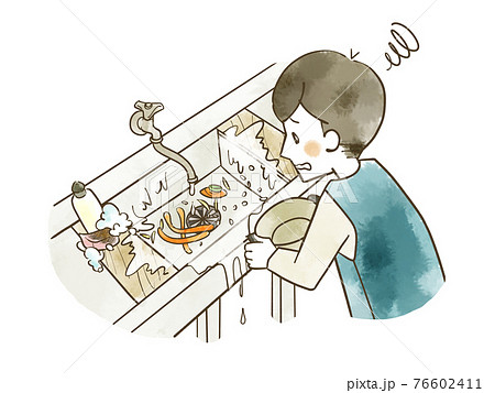 生ごみや水が飛び散っている炊事場のシンクのイラスト素材