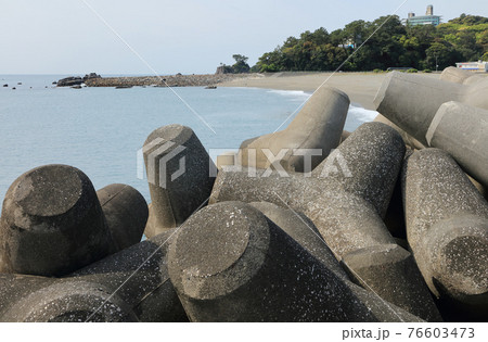 浦戸湾口の突堤から上龍頭岬越しに桂浜の竜王宮を見る（この砂浜は桂浜ではありません） 76603473