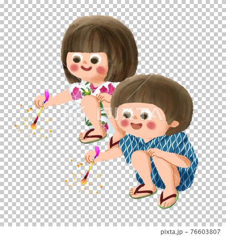甚平を着た子供と線香花火 76603807