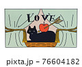 舞台のカーテン前の黒猫と矢が刺さったリンゴ 76604182