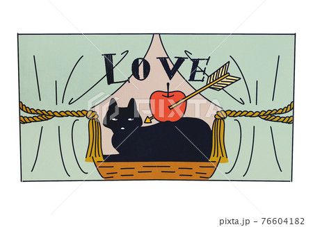 舞台のカーテン前の黒猫と矢が刺さったリンゴのイラスト素材