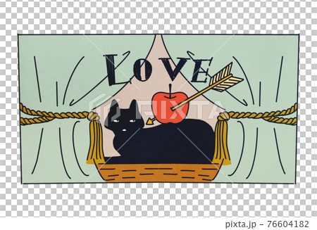 舞台のカーテン前の黒猫と矢が刺さったリンゴ 76604182