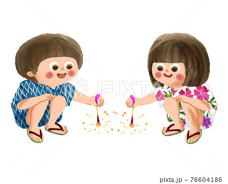 甚平を着た子供と線香花火のイラスト素材