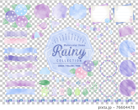 Rainy season watercolor frameset / hydrangea, rain, nature / banner, speech bubble 76604478