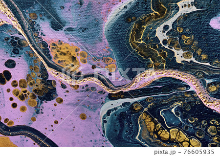 Acrylic Fluid Art. Yellow paint bubbles on lilac and blue waves. Liquid Gold Wave on canvas. Digital decor. Abstract stone background or texture 76605935