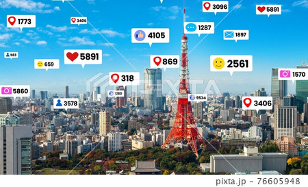 Social media icons fly over city downtown showing people engagement connection 76605948