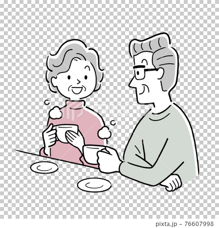 ベクターイラスト素材：飲み物を飲んでリラックスするシニア夫婦 76607998