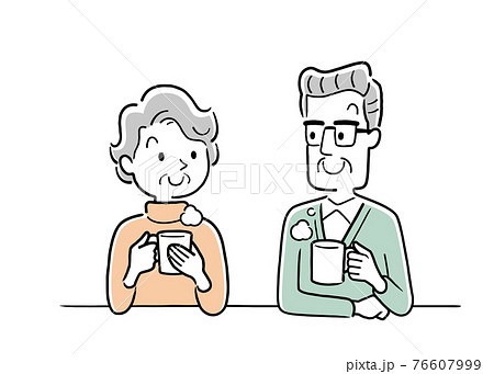 ベクターイラスト素材：飲み物を飲んでリラックスするシニア夫婦 76607999