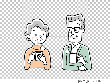 ベクターイラスト素材：飲み物を飲んでリラックスするシニア夫婦 76607999