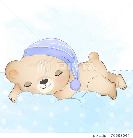 Teddy bear sleeping on blue backgroundのイラスト素材 [76608044