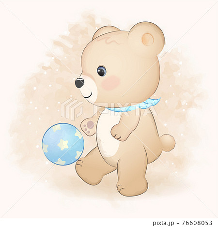Cute Teddy Bear Playing Football Hand Drawn のイラスト素材