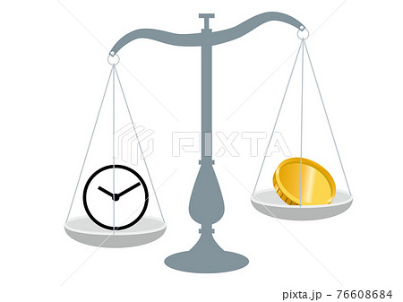 時間時計とお金を比べる天秤ばかりのイラスト タイムイズマネーのイメージイラストのイラスト素材