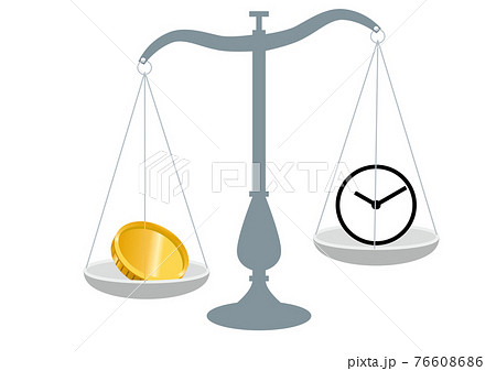 時間時計とお金を比べる天秤ばかりのイラスト　タイムイズマネーのイメージイラスト 76608686