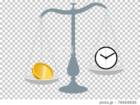 時間時計とお金を比べる天秤ばかりのイラスト　タイムイズマネーのイメージイラスト 76608686