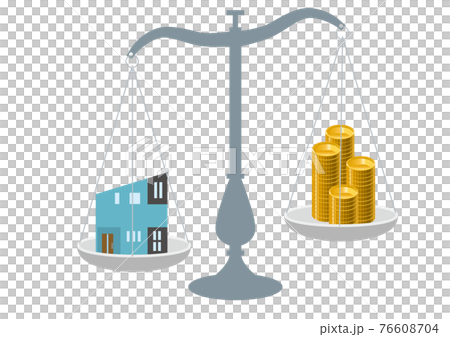 一戸建て住宅とお金を比べる天秤ばかりのイラスト 住宅ローン不動産売却のイメージ 一戸建て住宅とお金を比べる天秤ばかりのイラスト 住宅ローン不動産売却のイメージ 76608704