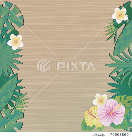夏 ボタニカル 植物 花 フレーム 木目 ブラウン 茶色 コピースペース 背景 イラスト素材のイラスト素材