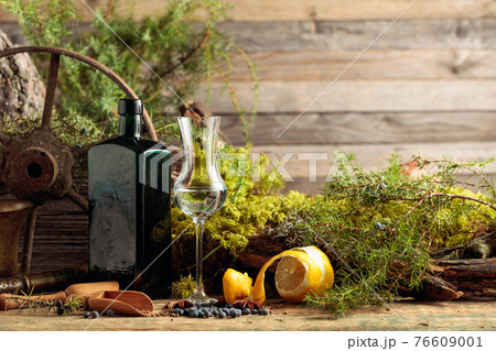 Gin in a small glass and an antique bottle of dark glass. 76609001