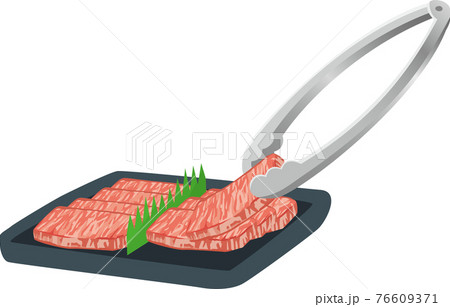焼肉用の牛生肉をトングで挟んでいるイメージイラストのイラスト素材