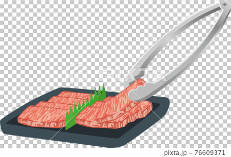 焼肉用の牛生肉をトングで挟んでいるイメージイラストのイラスト素材