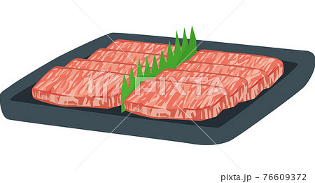 お皿に並んで置かれている牛肉のイメージイラストのイラスト素材